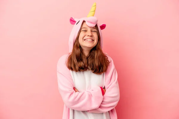 Little Caucasian Girl Wearing Unicorn Pajama Isolated Pink Background Laughing — Stock Photo, Image