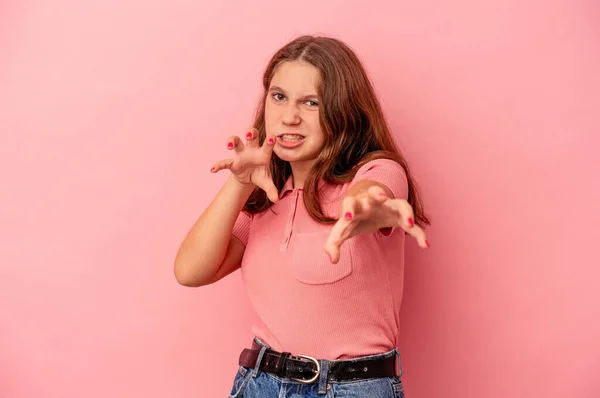 Liten Kaukasiska Flicka Isolerad Rosa Bakgrund Visar Klor Imitera Katt — Stockfoto