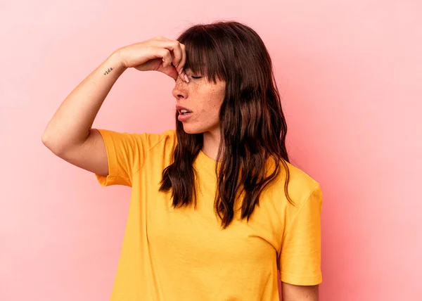 Young Argentinian Woman Isolated Pink Background Having Head Ache Touching —  Fotos de Stock