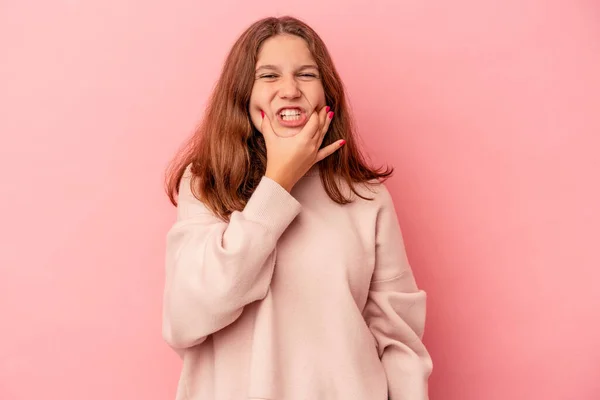 Little Caucasian Girl Isolated Pink Background Having Strong Teeth Pain — Stock Photo, Image