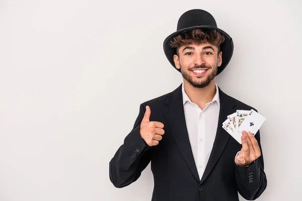 Young Arab Wizard Man Holding Magic Cards Isolated White Background — стоковое фото