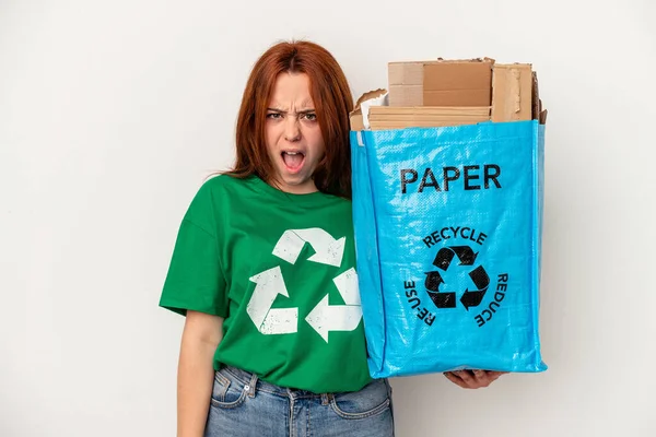 Young Caucasian Woman Recycled Paper Isolated White Background Screaming Very — ストック写真