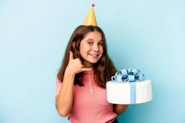 Little Caucasian Girl Celebrating Her Birthday Holding Cake Isolated Blue — ストック写真