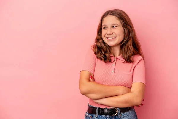 Little Caucasian Girl Isolated Pink Background Smiling Confident Crossed Arms — ストック写真