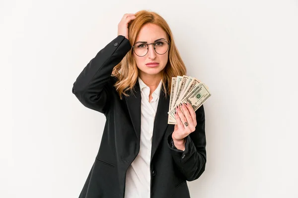 Young Business Caucasian Woman Holding Banknotes Isolated White Background Being — Foto de Stock