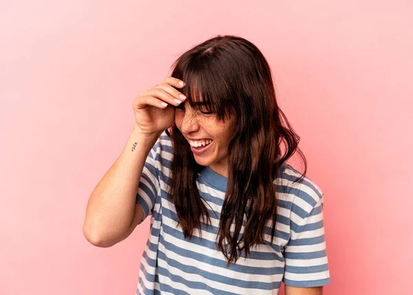 Young Argentinian Woman Isolated Pink Background Joyful Laughing Lot Happiness — 스톡 사진
