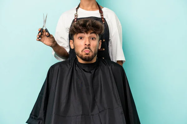 Young Arab Man Ready Get Haircut Isolated Blue Background Shrugs — Stock Photo, Image