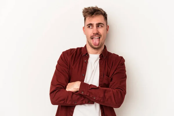 Young Caucasian Man Isolated White Background Funny Friendly Sticking Out — Stock Photo, Image