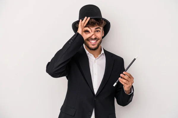 Young Arab Wizard Man Holding Wand Isolated White Background Excited — Zdjęcie stockowe