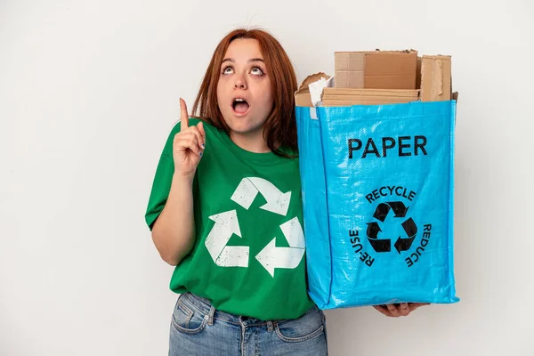 Young Caucasian Woman Recycled Paper Isolated White Background Pointing Upside — ストック写真