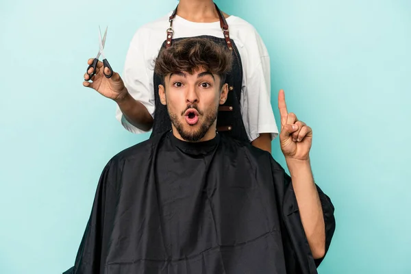 Young Arab Man Ready Get Haircut Isolated Blue Background Having — 图库照片