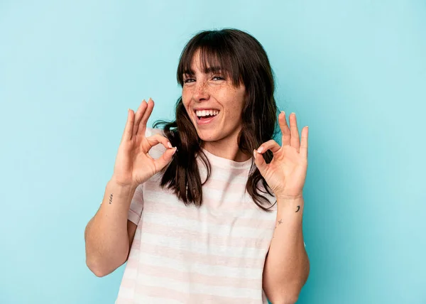 Young Argentinian Woman Isolated Blue Background Cheerful Confident Showing Gesture —  Fotos de Stock