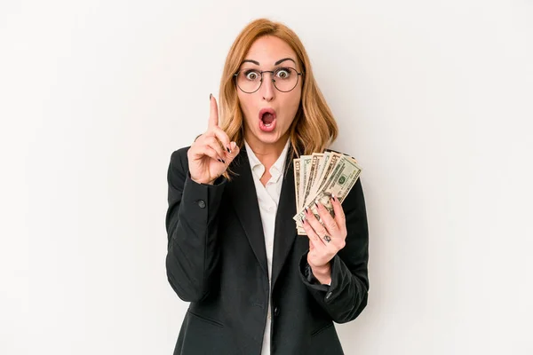 Young Business Caucasian Woman Holding Banknotes Isolated White Background Having — Stok fotoğraf