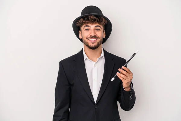 Young Arab Wizard Man Holding Wand Isolated White Background Happy — Stock fotografie