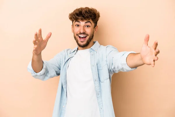 Young Arab Man Isolated Beige Background Celebrating Victory Success Surprised — Stock fotografie
