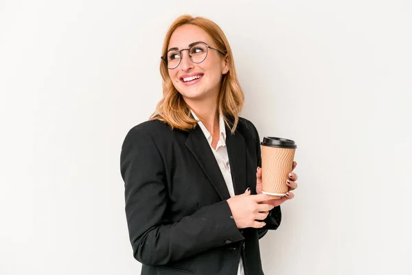 Young Business Caucasian Woman Holding Take Away Coffee Isolated White — Stockfoto