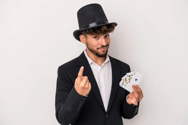 Young Arab Wizard Man Holding Magic Cards Isolated White Background — Photo