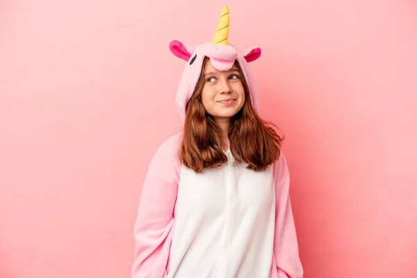 Little Caucasian Girl Wearing Unicorn Pajama Isolated Pink Background Dreaming — Stock Photo, Image