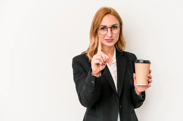 Young Business Caucasian Woman Holding Take Away Coffee Isolated White — Stockfoto