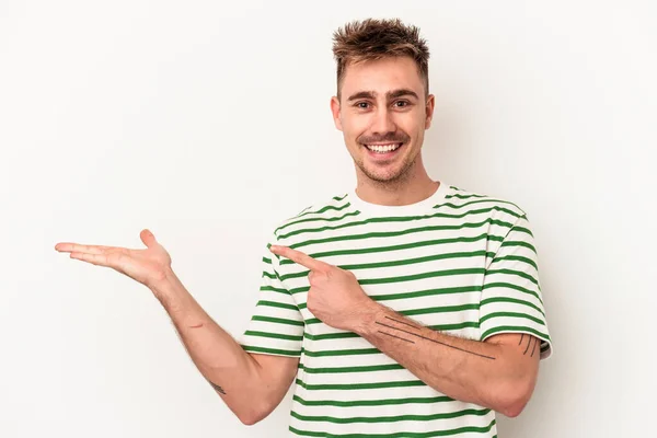 Young Caucasian Man Isolated White Background Excited Holding Copy Space — Stock Photo, Image