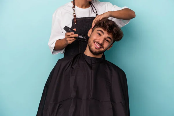 Young Arab Man Ready Get Haircut Isolated Blue Background — Stock Photo, Image