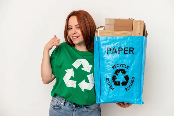 Young Caucasian Woman Recycled Paper Isolated White Background Showing Mobile — ストック写真