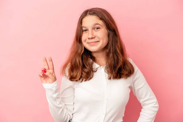 Little Caucasian Girl Isolated Pink Background Showing Victory Sign Smiling — Stock Photo, Image