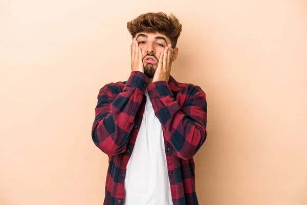 Young Arab Man Isolated Beige Background Whining Crying Disconsolately — Fotografia de Stock