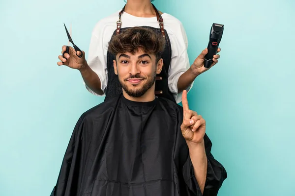 Young Arab Man Ready Get Haircut Isolated Blue Background Showing — 图库照片