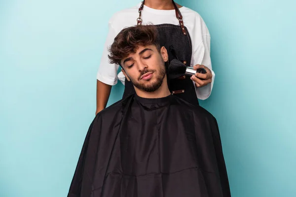 Young Arab Man Ready Get Haircut Isolated Blue Background — Stock Photo, Image