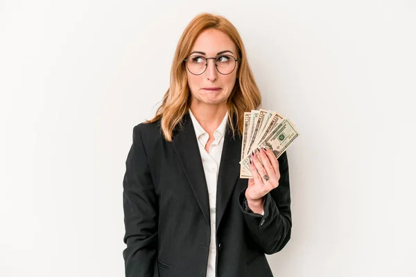 Young Business Caucasian Woman Holding Banknotes Isolated White Background Confused — Foto de Stock