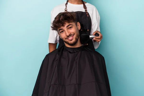 Young Arab Man Ready Get Haircut Isolated Blue Background — Stock Photo, Image