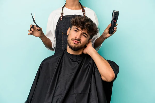 Young Arab Man Ready Get Haircut Isolated Blue Background Being — Stock Photo, Image