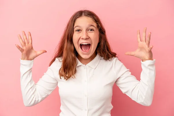 Little Caucasian Girl Isolated Pink Background Screaming Sky Looking Frustrated — Stock Photo, Image