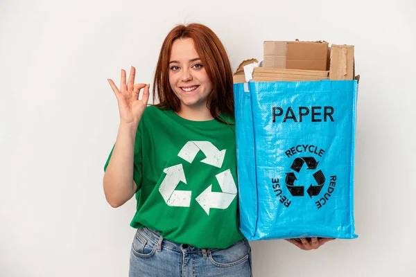 Young Caucasian Woman Recycled Paper Isolated White Background Cheerful Confident — ストック写真