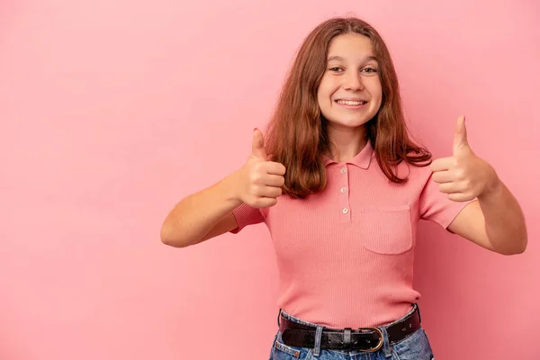 Little Caucasian Girl Isolated Pink Background Smiling Raising Thumb — Stock Photo, Image