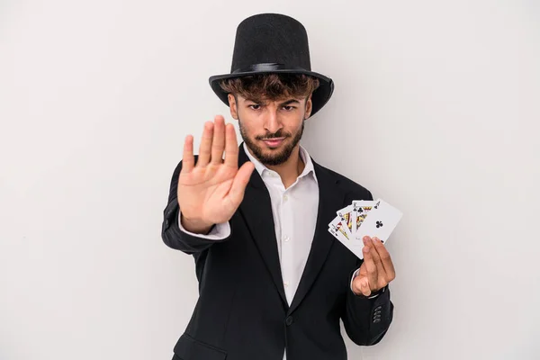 Young Arab Wizard Man Holding Magic Cards Isolated White Background — Stock Photo, Image