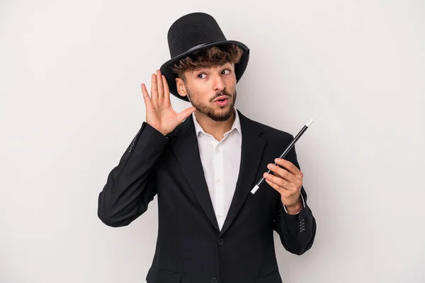 Young Arab Wizard Man Holding Wand Isolated White Background Trying — Stock fotografie