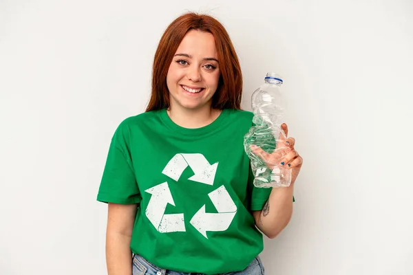 Young Caucasian Woman Recycled Plastic Isolated White Background — 图库照片