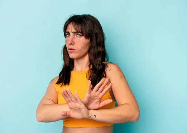 Young Argentinian Woman Isolated Blue Background Doing Denial Gesture — 스톡 사진