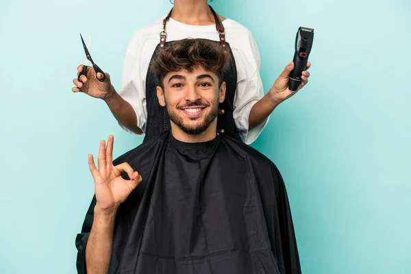 Young Arab Man Ready Get Haircut Isolated Blue Background Cheerful — Fotografia de Stock