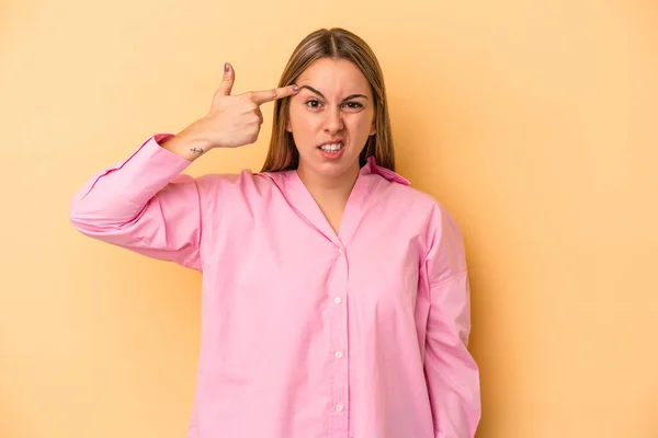 Young Caucasian Woman Isolated Yellow Background Showing Disappointment Gesture Forefinger — Stock Photo, Image