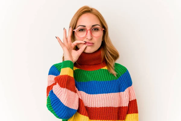 Young Caucasian Woman Wearing Sweater Stripes Isolated White Background Fingers — Foto de Stock