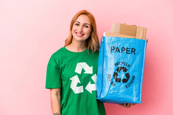 Young Caucasian Woman Recycled Paper Isolated Pink Background Happy Smiling — Foto de Stock