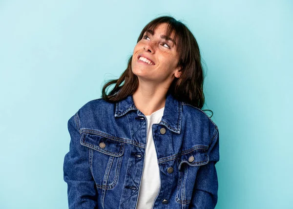 Young Argentinian Woman Isolated Blue Background Relaxed Happy Laughing Neck —  Fotos de Stock