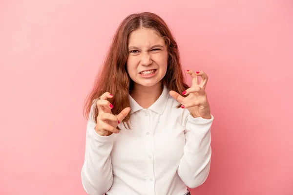 Liten Kaukasisk Flicka Isolerad Rosa Bakgrund Upprörd Skrika Med Spända — Stockfoto