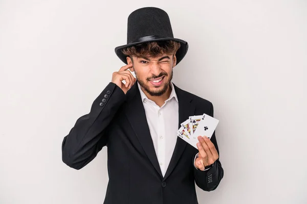 Young Arab Wizard Man Holding Magic Cards Isolated White Background — Stock fotografie