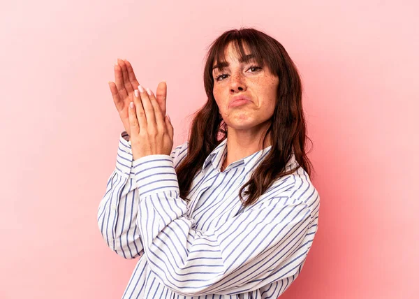 Young Argentinian Woman Isolated Pink Background Feeling Energetic Comfortable Rubbing — Foto de Stock