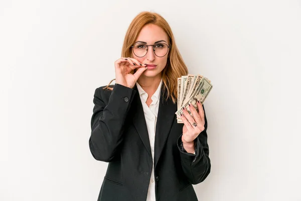 Young Business Caucasian Woman Holding Banknotes Isolated White Background Fingers — 图库照片