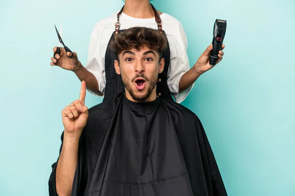 Young Arab Man Ready Get Haircut Isolated Blue Background Having — Fotografia de Stock